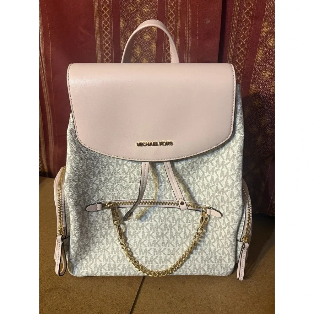 Michael Kors Abbey Medium Backpack Vanilla MK Logo Blush Pink Leather Gold Chain